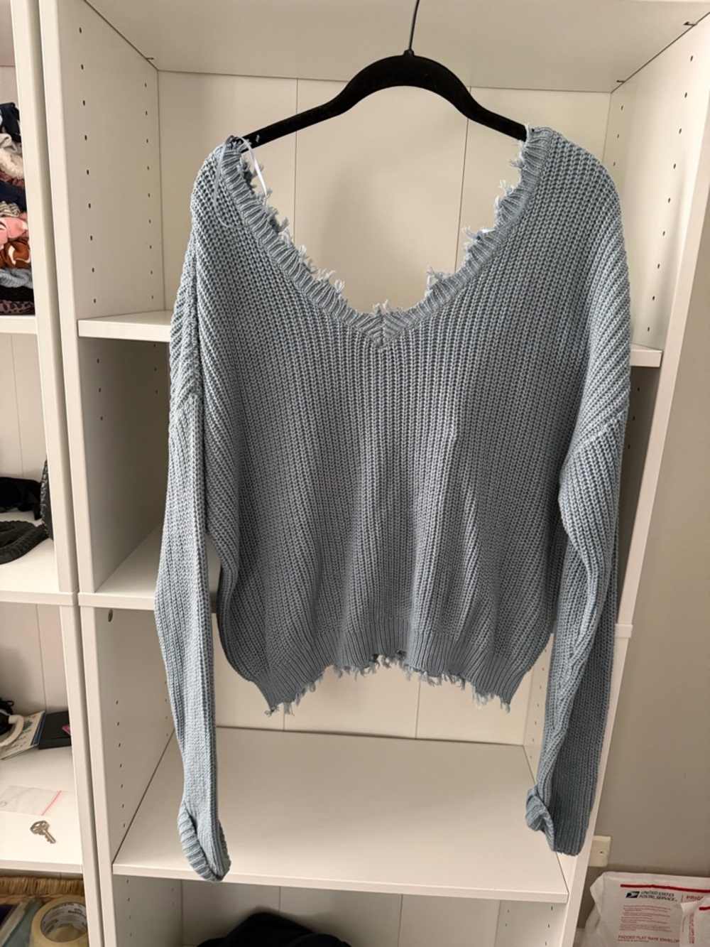 Light Blue Distressed V-Neck Women's Sweater